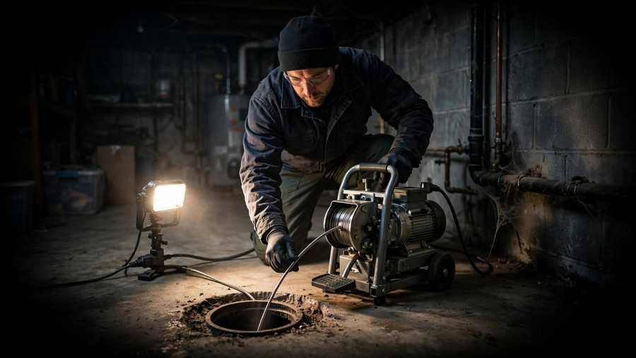 Technician feeding a drain cleaning cable machine into a basement cleanout in Shakopee