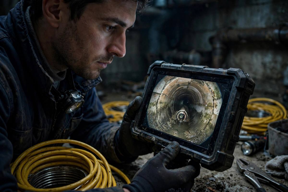 Technician viewing a drain camera monitor showing the inside of a sewer line in Shakopee, MN